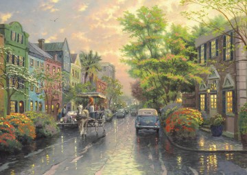 Thomas Kinkade Painting - Atardecer en Charleston en Rainbow Row Thomas Kinkade